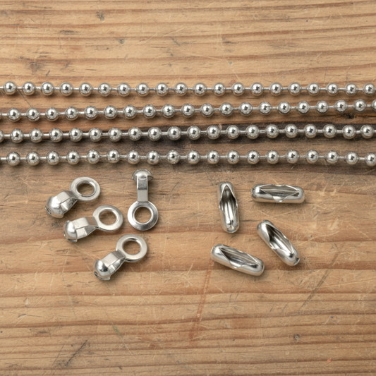 Hackberry Creek DIY ceiling fan pull kit with nickel-plated steel ball chains, connectors, and loop couplings.