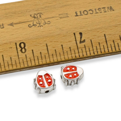 Red Enamel Ladybug Beads, 2Pc Fine Silver Plated, Spring Garden Nature Jewelry