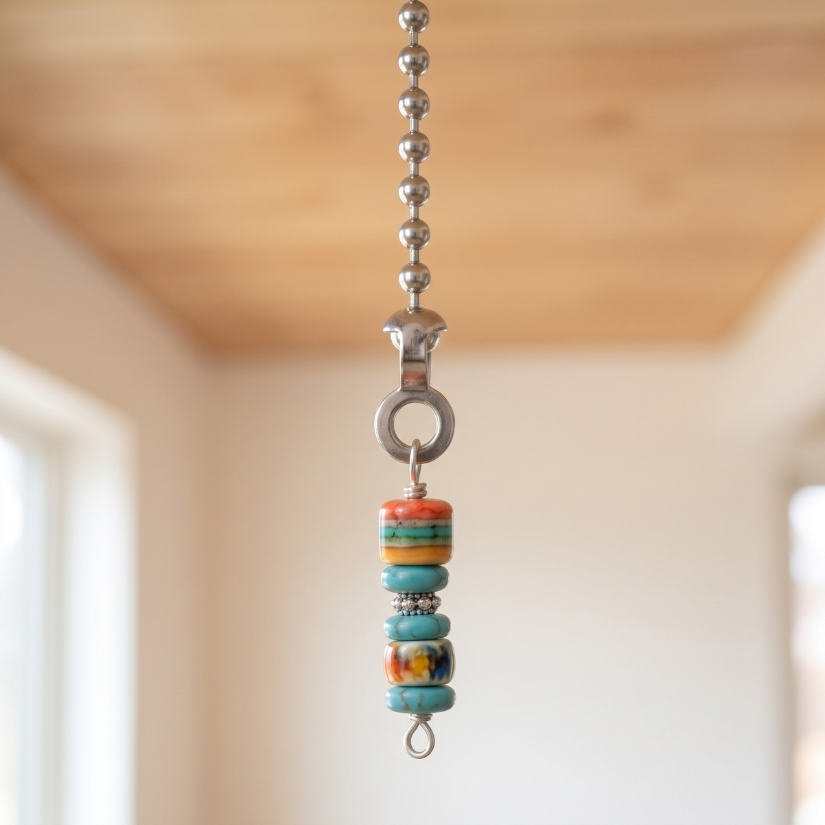 Hackberry Creek DIY ceiling fan pull chain with nickel-silver ball chain and decorative multi-colored ceramic beads