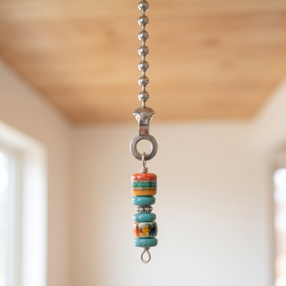 Hackberry Creek DIY ceiling fan pull chain with nickel-silver ball chain and decorative multi-colored ceramic beads