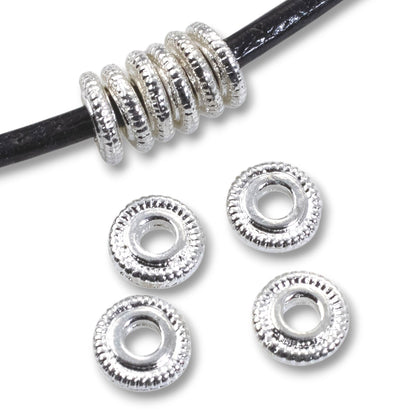 Sterling Silver Plate Spacer Beads 6mm Line Edge Large Hole Leather Cord 10-Pack USA
