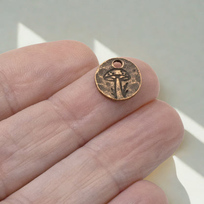 Mini Mushroom Charms Copper 2Pc, Antique Copper Plated Woodland Rustic Jewelry
