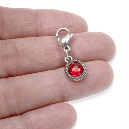 July Birthstone Clip-On Charm, Light Siam Red Crystal with Clip-On Design and Lobster Clasp, Unique Present for Birthday, Small Gift Idea