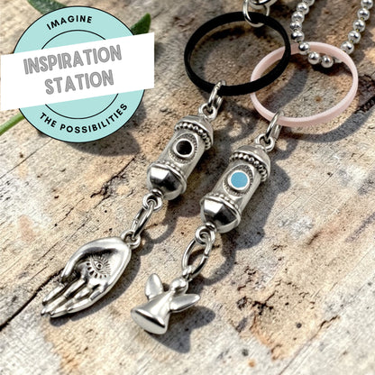 Silver Prayer Amulet Pendant 2Pcs, Antique Deco Connector with Aqua Enamel, Spiritual Jewelry Supply