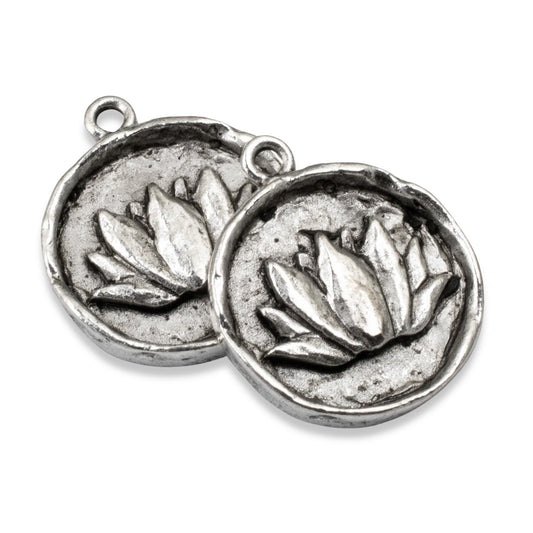 2 Lotus Flower Charms - Silver Plated Pewter - For Artisan Jewelry - Nunn Design