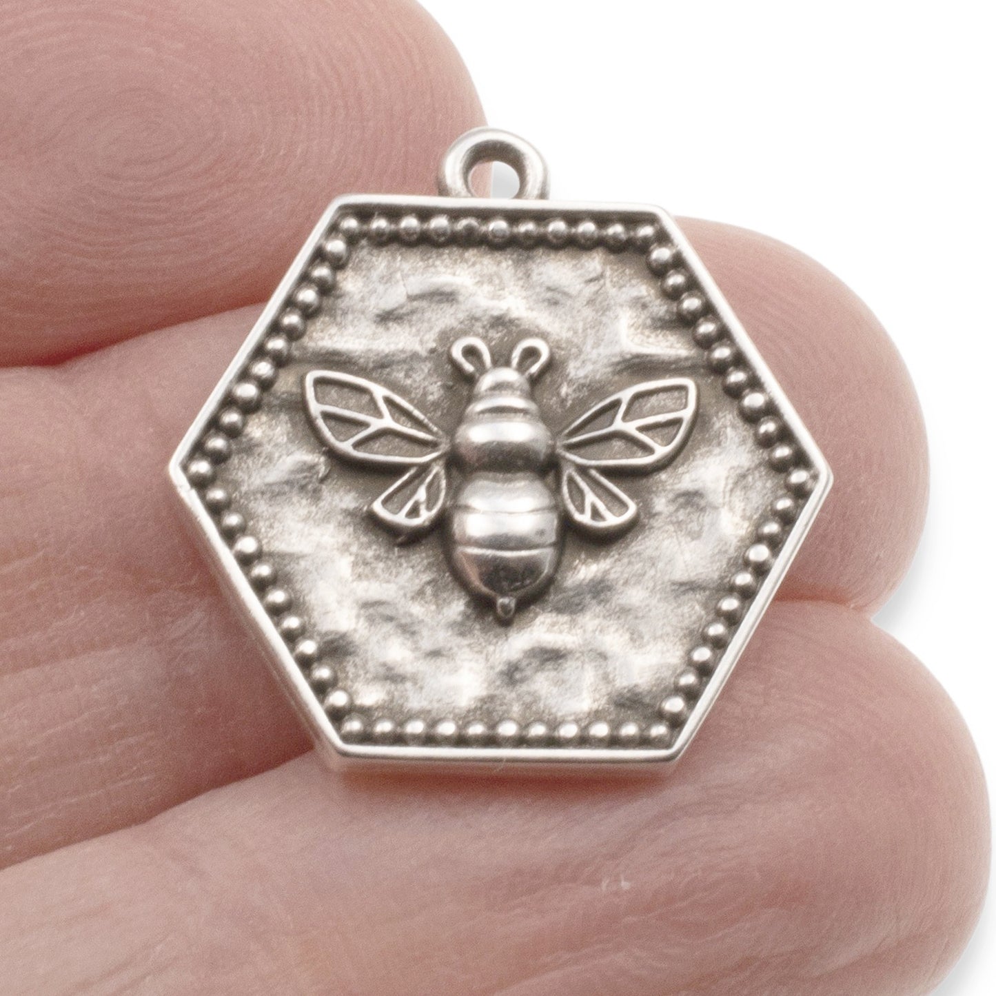 Silver Hexagon Bee Charm: 2Pc Medallion Pendants, Spring Garden Jewelry Making, Nature Earrings