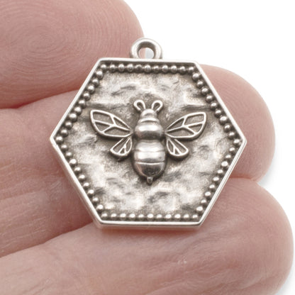 Silver Hexagon Bee Charm: 2Pc Medallion Pendants, Spring Garden Jewelry Making, Nature Earrings