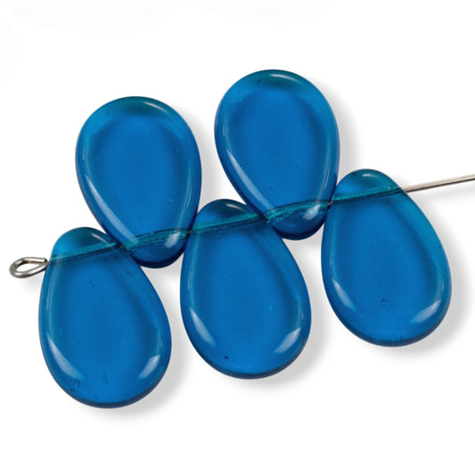 12 Capri Blue Czech Glass Teardrop Beads, Tip Drilled 12x18mm Flat Pear Pendant Loose, Ocean Blue Coastal Jewelry Supply