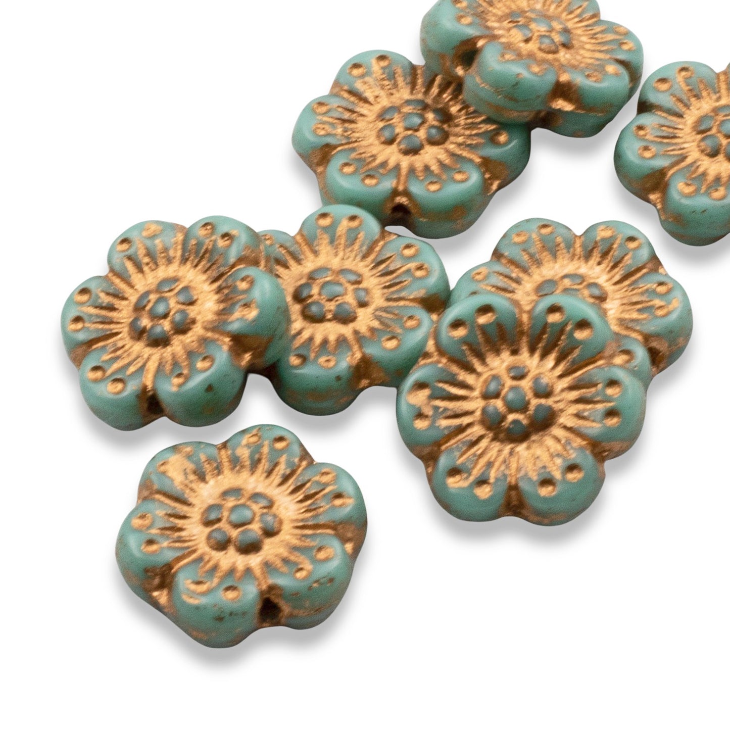 Wild Rose Czech Glass Beads, 8-Pack Turquoise Copper Wash, 14mm Flower Beads