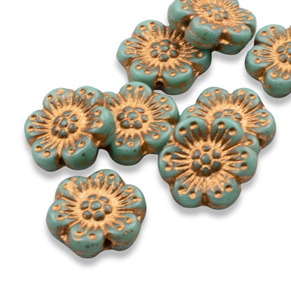 Wild Rose Czech Glass Beads, 8-Pack Turquoise Copper Wash, 14mm Flower Beads