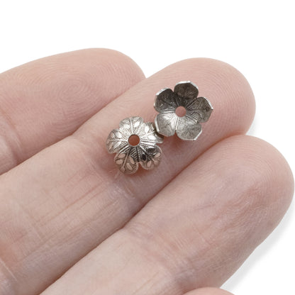 Etched Daisy Bead Caps 8mm Antique Silver-Plated Pewter: Botanical Metal Findings USA Made 4 Pack