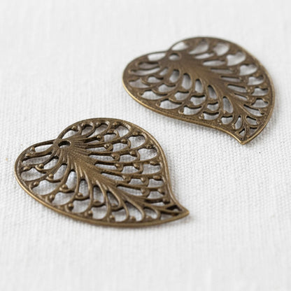 Filigree Leaf Charms: Natural Brass Vintaj Open Lace Earring Drops 4-Pack