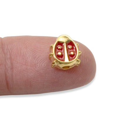 Red Enamel Ladybug Beads, 2Pc 24k Gold Plated, Spring Garden Nature Jewelry