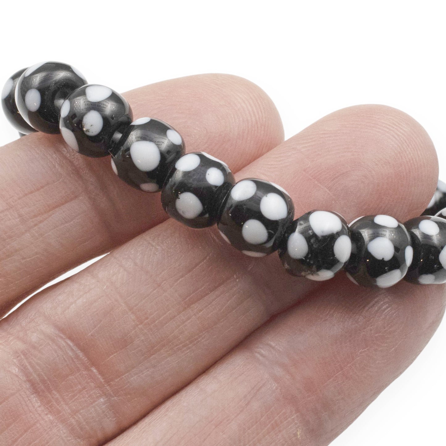 Black Glass Lampwork Beads with Light Gray Dots, Handmade Indonesian Beads, 6-8mm Round, 17" Strand 60-65 Beads