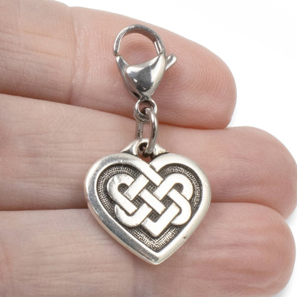 Silver Celtic Knot Heart Clip-on Charm, Elegant Bag, Journal, Jewelry Accessory