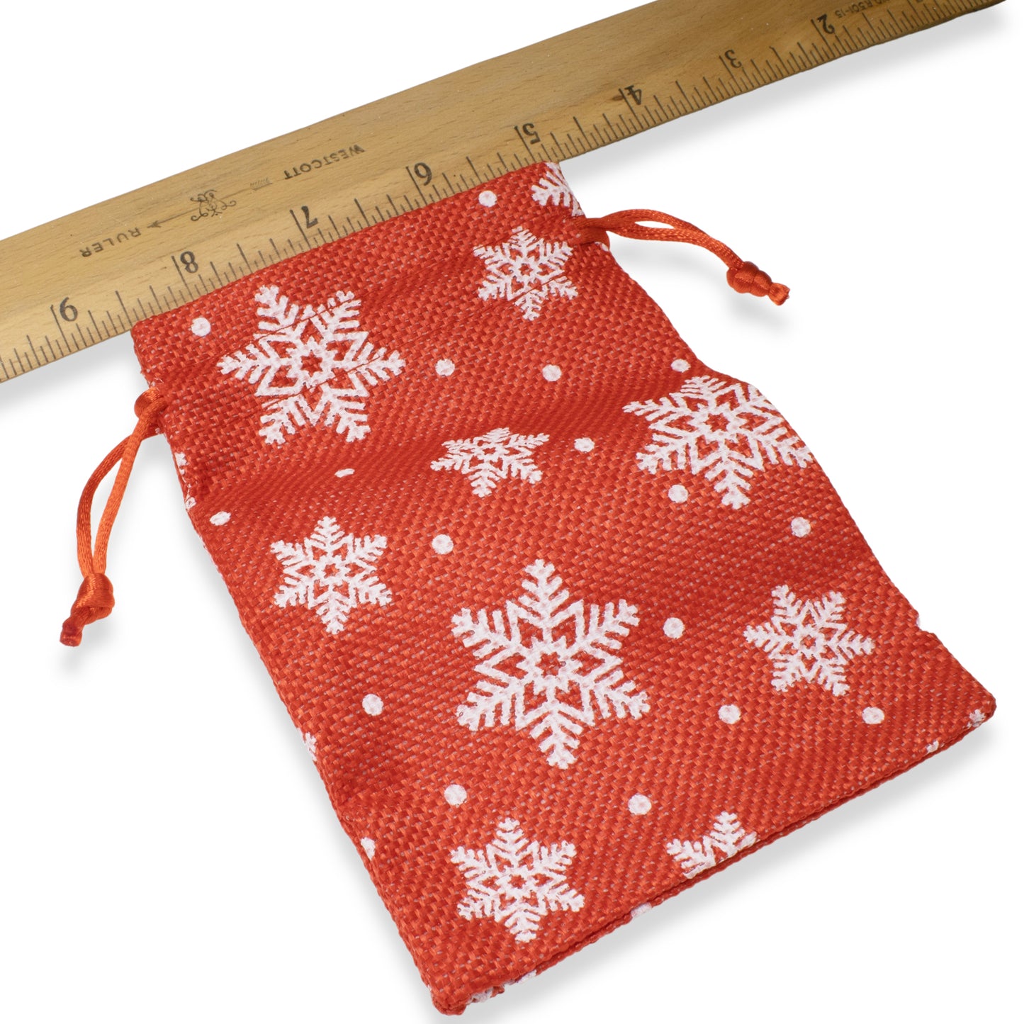 5 Red + White Snowflake Fabric Drawstring Bags, Christmas Cloth Pouches