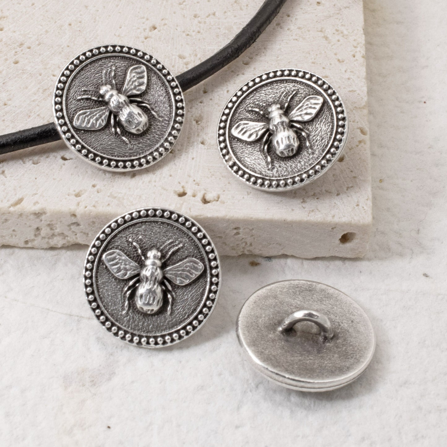 4 Silver Bee Buttons - Nature-Inspired Leather Clasp - TierraCast Design