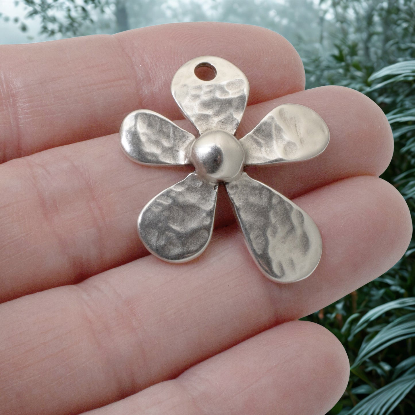 Large Hammered Flower Pendant, 1Pc Silver Artisan Style European Charm, Boho DIY