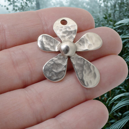 Large Hammered Flower Pendant, 1Pc Silver Artisan Style European Charm, Boho DIY