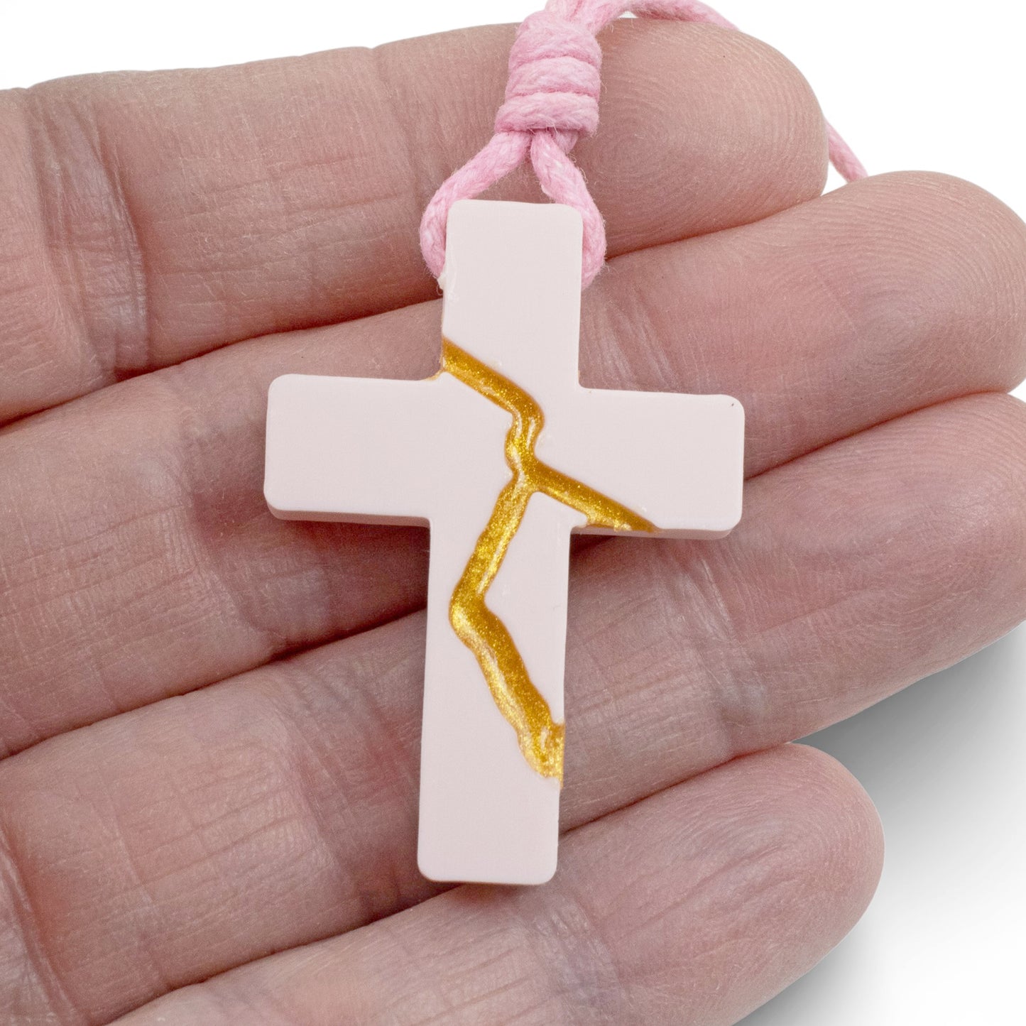 Pink Kintsugi Cross Necklace, Inspirational Wearable Art, Handmade Cross Pendant, Meaningful Gift, Japanese Philosophy Jewelry