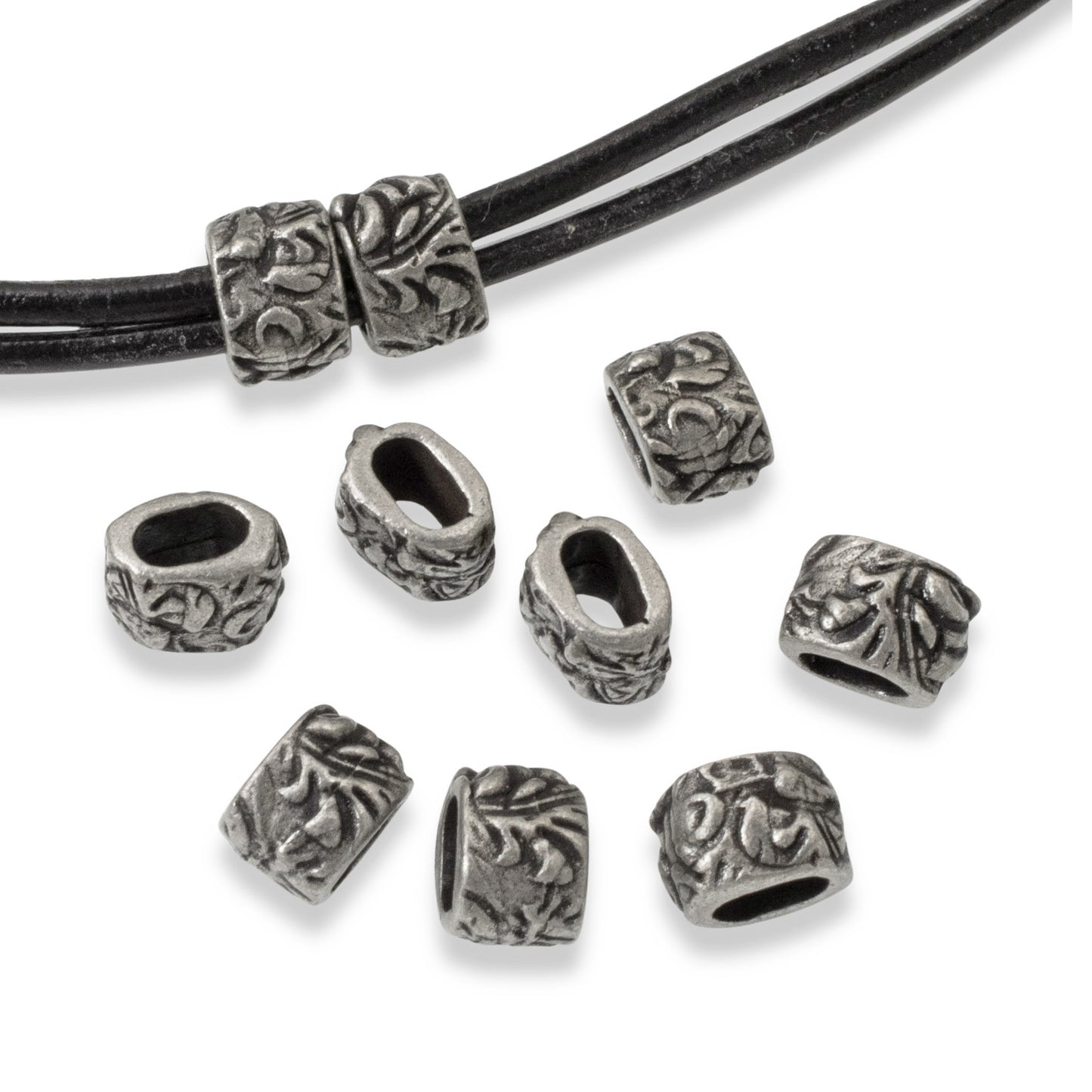 10 Antique Pewter Jardin Barrel Beads - Organic Jewelry Components for Leather