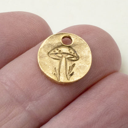 Mini Mushroom Charms Gold 2Pc, 24k Plated Woodland Jewelry, Autumn Forest Nature Supplies