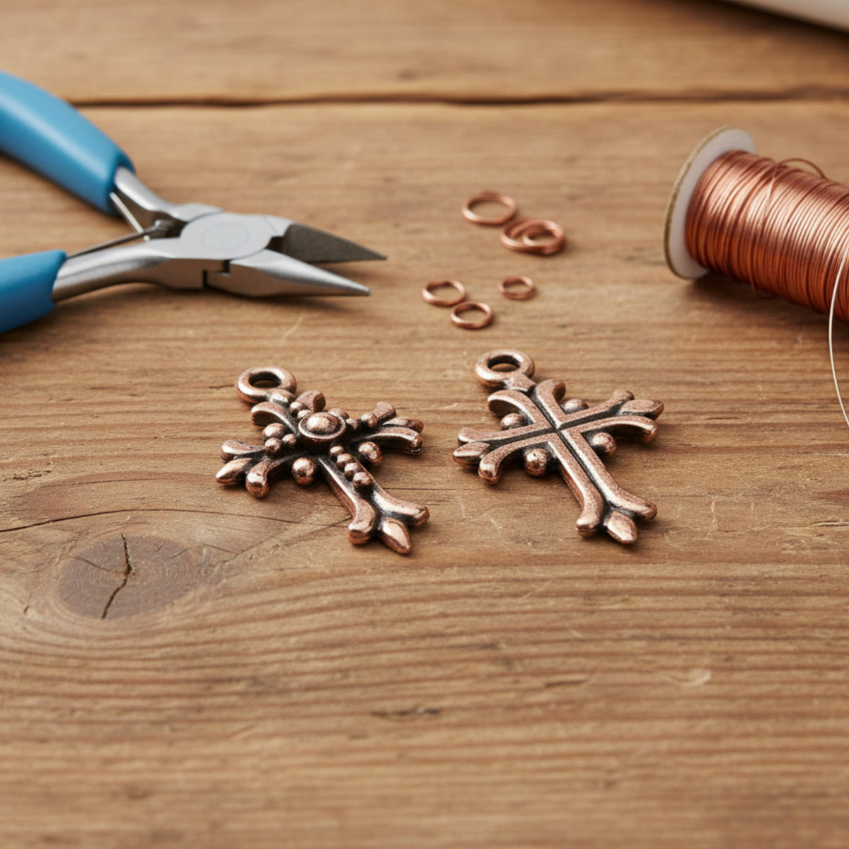 Fleur Cross Charms: Antique Copper Faith Necklace Rosary Pendant 2-Pack