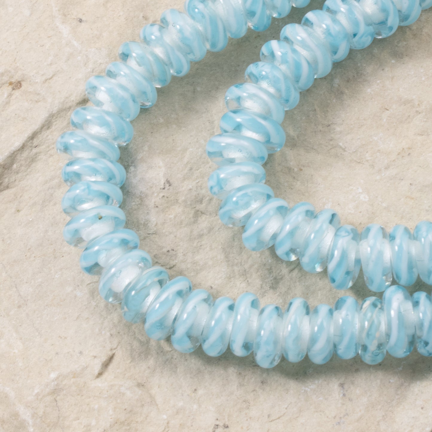 Aqua Blue + White Striped Lampwork Spacer Beads, Glass Beads for Jewelry Making