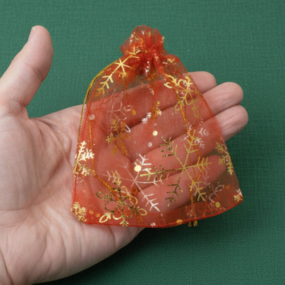 Red Snowflake Organza Gift Bags: Sheer Christmas Drawstring Pouches Gold Snowflake Holiday Packaging 10 Pack USA