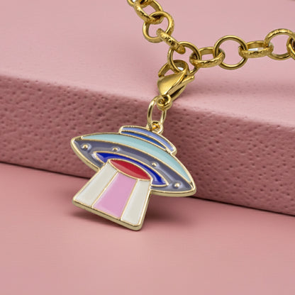 UFO Clip On Charm, Enamel Spaceship Sci-Fi Accessory, Retro Space Lover Gift