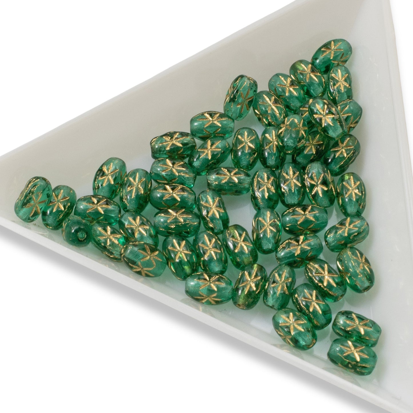 50 Teal Green Rice Beads - Etched Gold Star Design - Czech Glass - 6x4mm