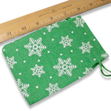 5 Green + White Snowflake Fabric Drawstring Bags, Christmas Cloth Pouches
