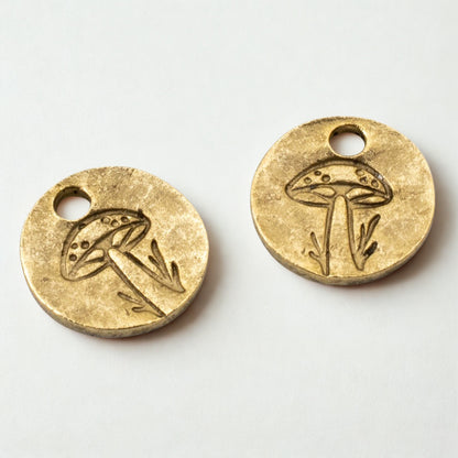 Mini Mushroom Charms Gold 2Pc, 24k Plated Woodland Jewelry, Autumn Forest Nature Supplies