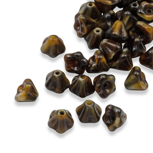 Mini Brown Tiger Eye Czech Glass Bell Flower Beads, Earthy Elegance 50-Pack