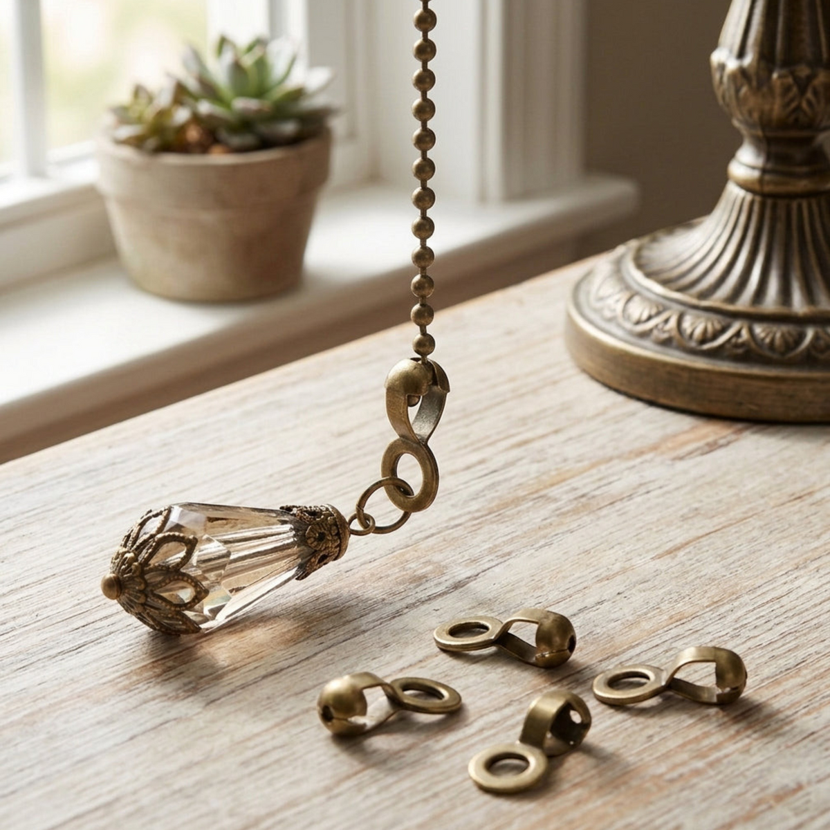 Hackberry Creek antique brass ball chain connectors for ceiling fan pulls and DIY lighting hardware projects