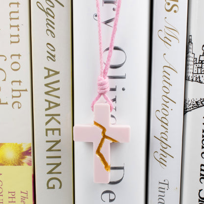 Pink Kintsugi Cross Necklace, Inspirational Wearable Art, Handmade Cross Pendant, Meaningful Gift, Japanese Philosophy Jewelry