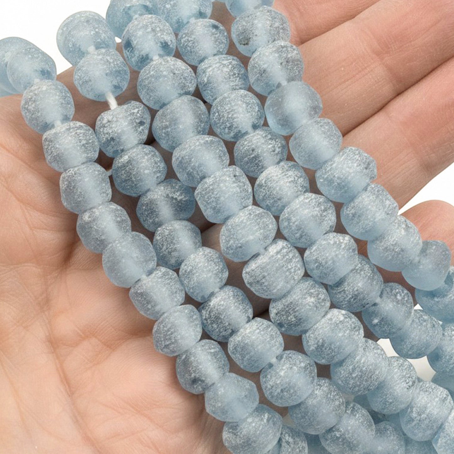 Blue Green Recycled Glass Beads: Matte Frosted Rough Round 50 Beads/Strand Coastal Boho