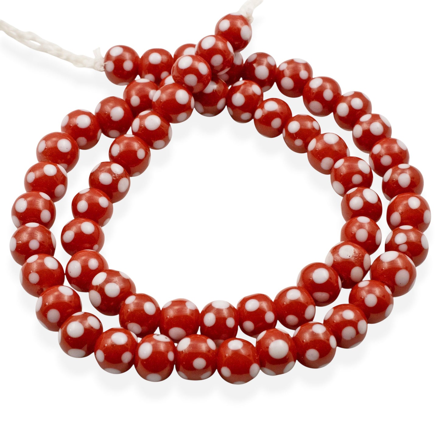 Red with White Dots Lampwork Glass Beads, Handmade Indonesian, 8mm 17" Strand