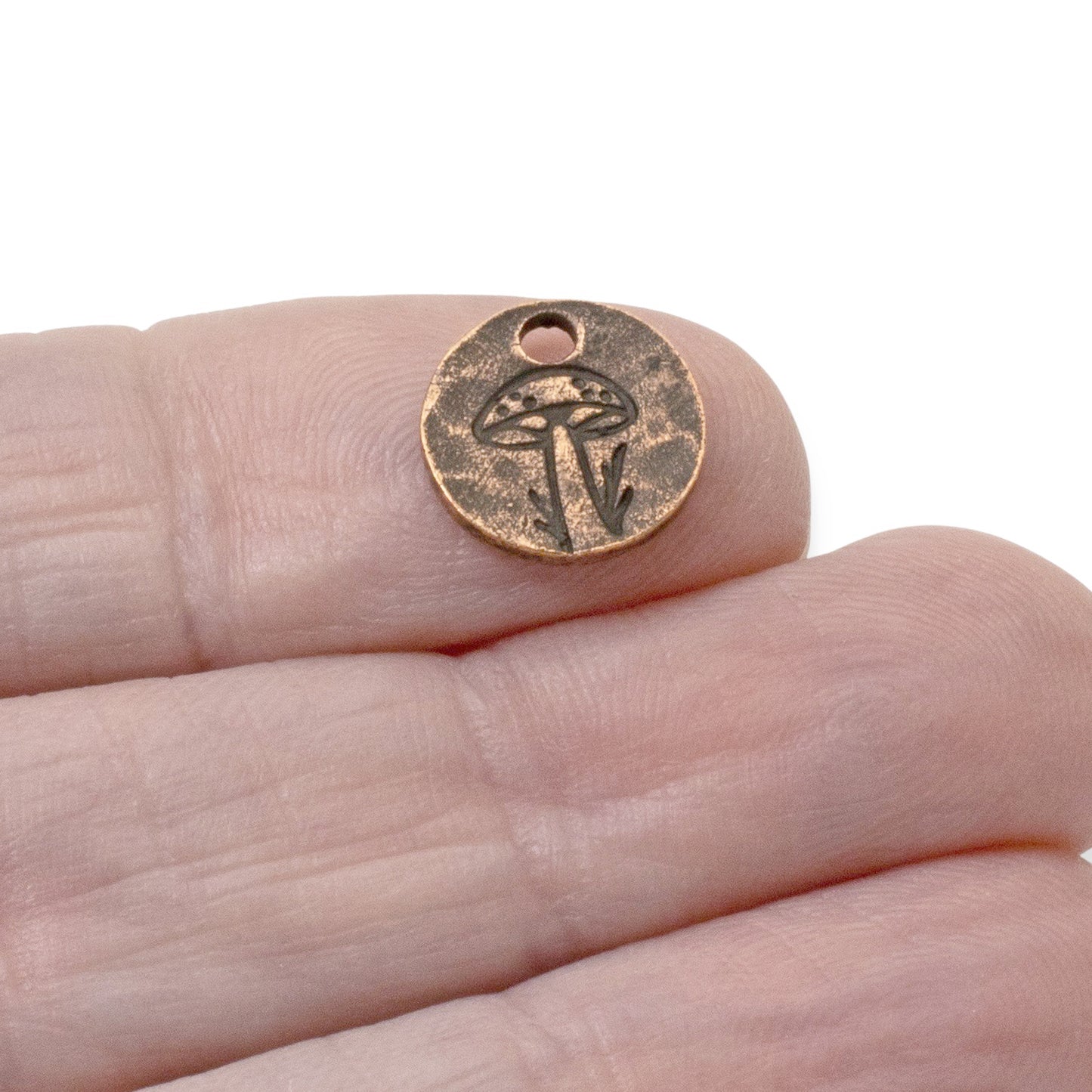 Mini Mushroom Charms Copper 2Pc, Antique Copper Plated Woodland Rustic Jewelry