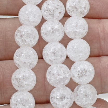 Snowy White Crackle Beads, 30-Pack Winter Glass Beads 10mm, Holiday Jewelry DIY