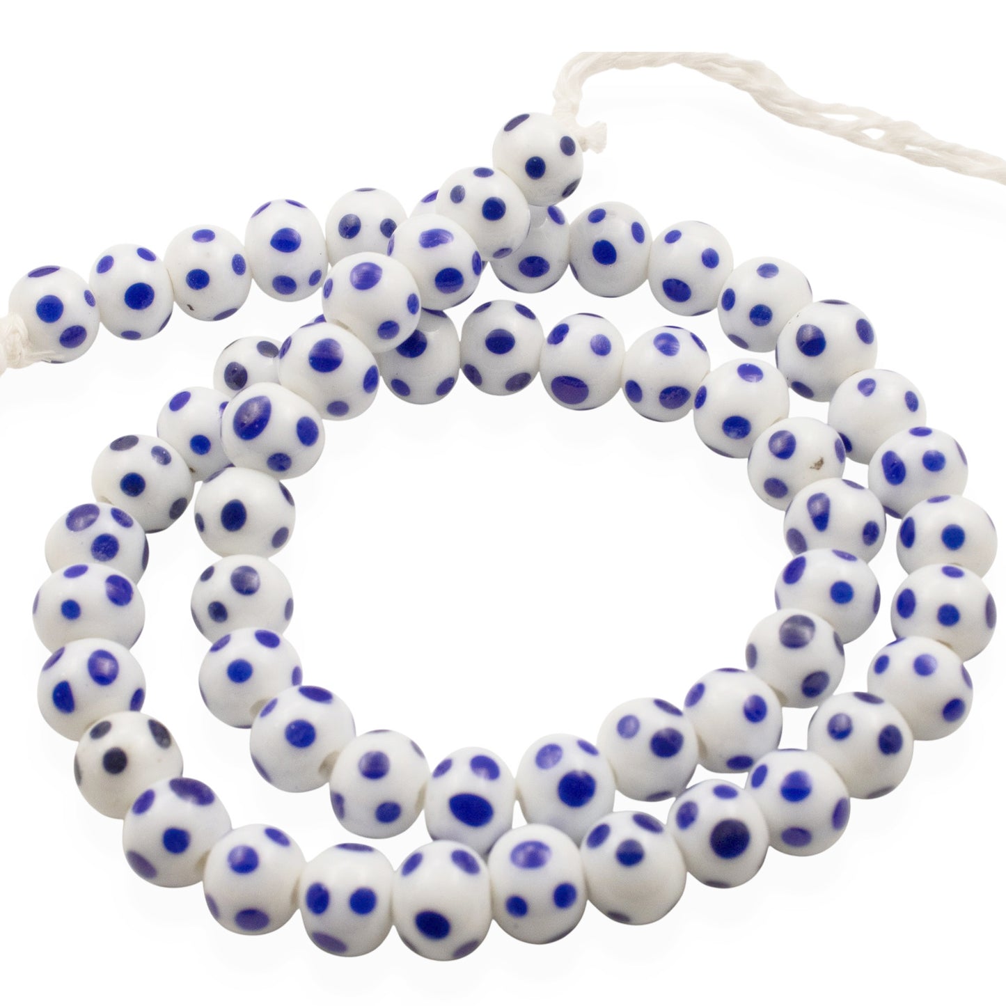 Blue Dots White Lampwork Glass Beads, Handmade Indonesian, 8mm Round Spotted Beads, 58Pcs per 17" Strand