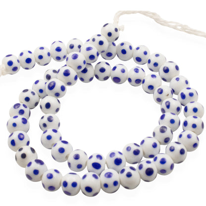 Blue Dots White Lampwork Glass Beads, Handmade Indonesian, 8mm Round Spotted Beads, 58Pcs per 17" Strand