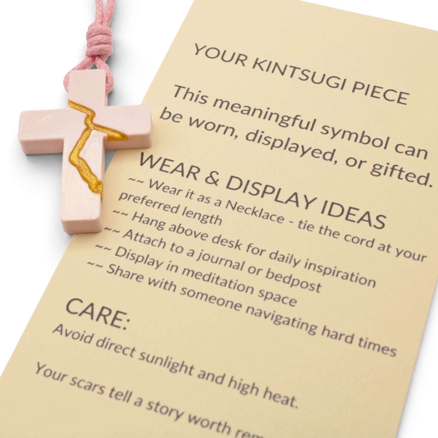 Pink Kintsugi Cross Necklace, Inspirational Wearable Art, Handmade Cross Pendant, Meaningful Gift, Japanese Philosophy Jewelry