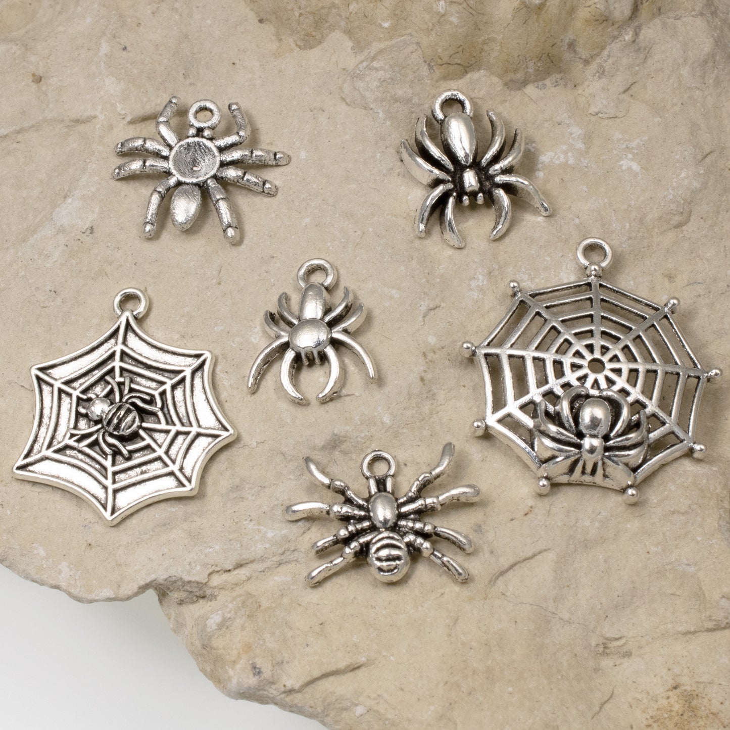 6Pc Creepy Spider Charm Set - Silver Spider & Web Pendants - Halloween Jewelry Supplies