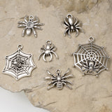 6Pc Creepy Spider Charm Set, Silver Spider & Web Pendants, For Halloween Jewelry