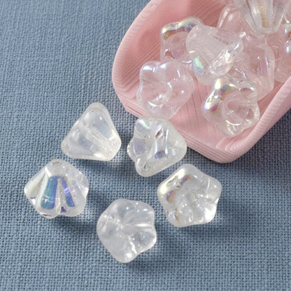 Crystal Clear AB Baby Bell Flower Beads: Czech Glass 4x6mm Iridescent 50 Pack