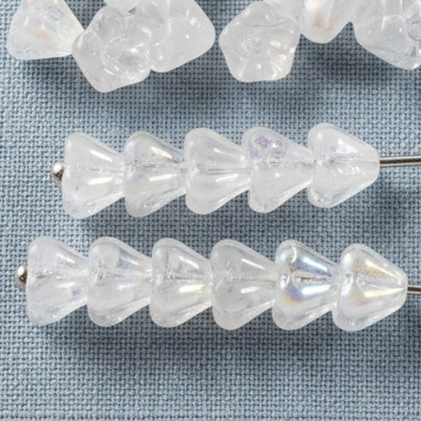 Crystal Clear AB Baby Bell Flower Beads: Czech Glass 4x6mm Iridescent 50 Pack