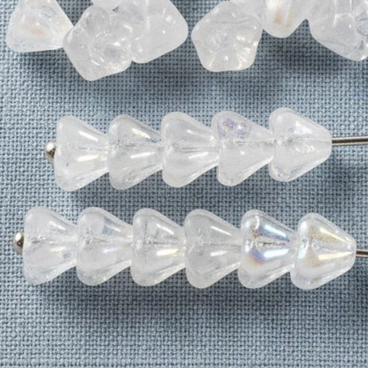 Crystal Clear AB Baby Bell Flower Beads: Czech Glass 4x6mm Iridescent 50 Pack