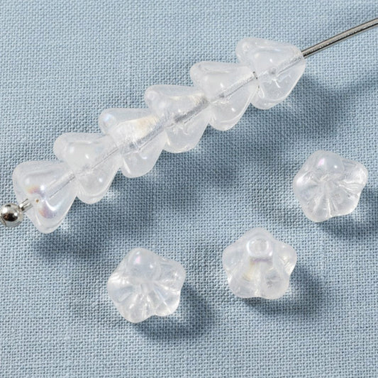 100pcs Clear AB Czech Glass Mini Bell Flower Beads, 4x6mm Rainbow Iridescent