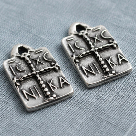 Byzantine Cross Pendant Silver Antique: IC XC Sacred Symbol Charm 2-Pack
